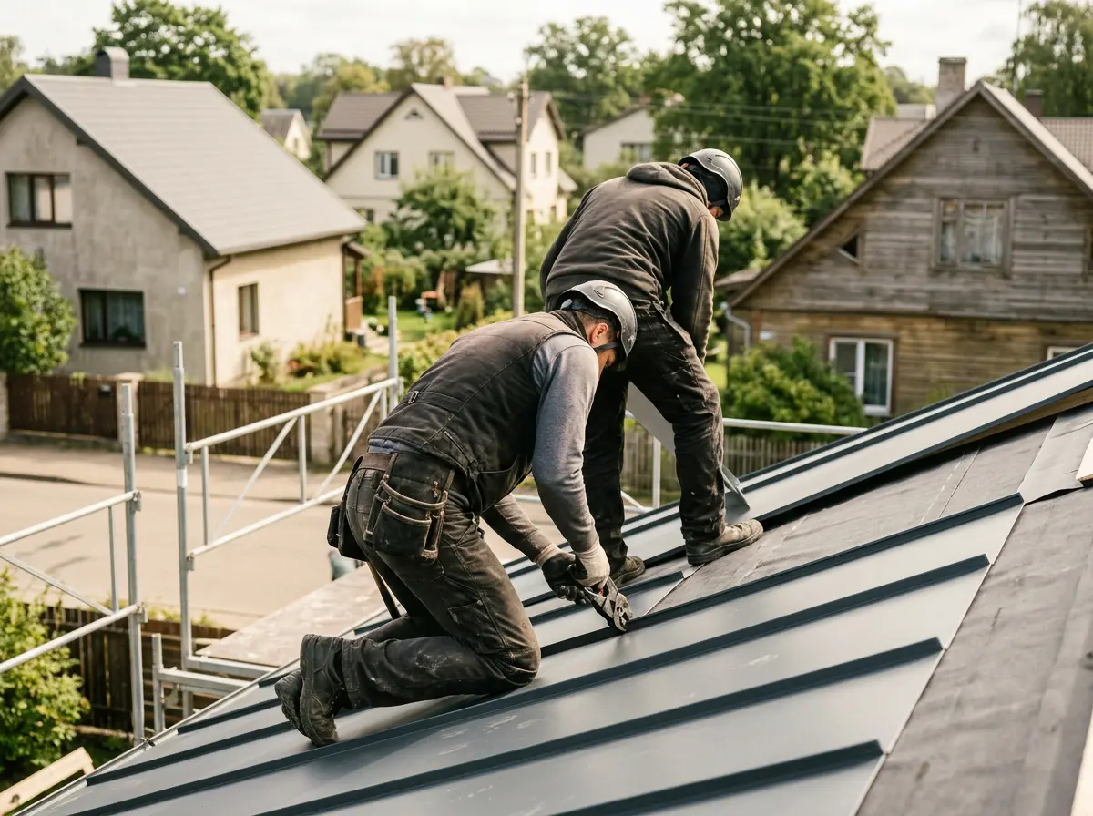 Profesionāli jumta meistari uzstāda jaunu jumta segumu — Jumta Seguma Maiņa Rīgā